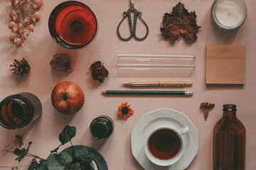 Vintage botany styled flat lay, moody academia aesthetic