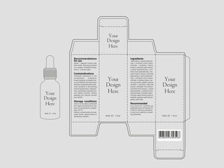 Editable outline vector image of cosmetic bottle and box with dieline box on neutral background