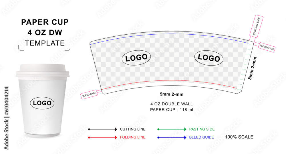 Paper cup die cut template for 4 ounce Double Wall that includes a ...