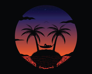 Wall Mural - vector design of an evening scene with a man sleeping between two coconut trees on a very small island in the middle of the sea with a view of a sky full of stars