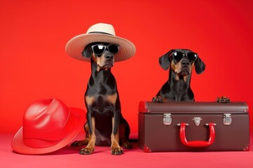 Poster - Doberman breed dogs, wearing sunglasses, wearing a hat, on a red background in the studio, next to suitcases for vacation, summer travel concept. Generative AI