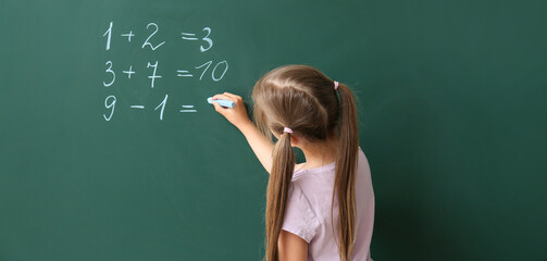 Cute little schoolgirl writing on blackboard during math lesson