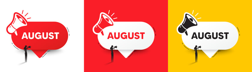 august month icon. speech bubble with megaphone and woman silhouette. event schedule aug date. meeti