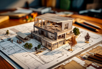 home building plan on a desktop blueprint, generative ai