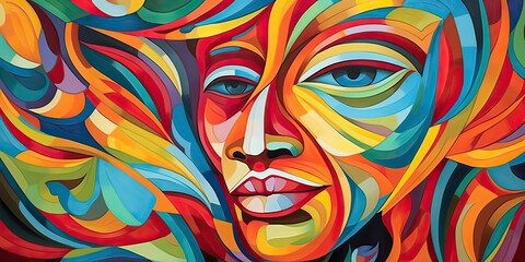  AI Generated. AI Generative.  Graphic Illustration draw ink sketch canvas pattern with geometric abstract woman lady face head. Graphic Art