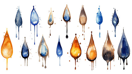 Wall Mural - collection of electric blue and earthy brown abstract watercolor swashes isolated on a transparent background