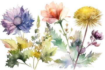 Wall Mural - watercolor flowers isolated on white background. AI generated
