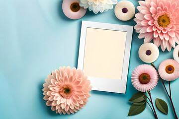 Sticker - A mockup of a blank polaroid photo frame, surrounded by soft pastel flowers, perfect for greeting cards and invitations