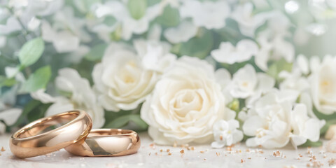 Wedding rings and white roses background. Gold wedding bands banner, website header, wedding invitation. Generative AI.