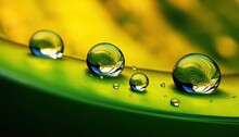 Abstract Bright Colorful Background With Drops Of Oil And Water In Green And Yellow Tones, Macro. Creative Image Of The Beauty Of Environment And Nature