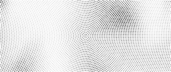 Radial halftone spotted gradient background. Dotted stains concentric texture with fading effect. Black and white circle shade wallpaper. Grunge rough vector. Monochrome geometric backdrop