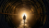 Fototapeta Perspektywa 3d - Man in a tunnel with light at the end