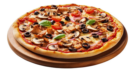 tasty supreme pizza with mushrooms, olives, cherry tomatoes and basil shot down on isolated transpar