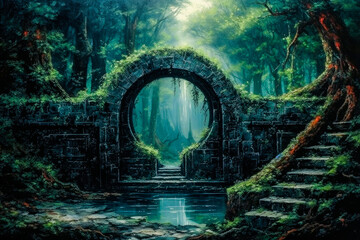Wall Mural - painting of an ancient portal landmark with a path in a misty forest during sunset