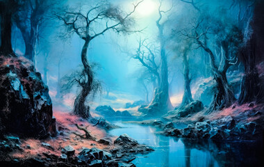 Wall Mural - painting of a stunning river landscape surrounded by trees during sunset in the winter