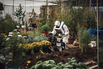 Poster - Young woman working in greenhouse with plants. She is wearing protective suit. A robot gardener taking care of a garden, AI Generated