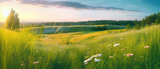 Wall Mural - Beautiful summer colorful rustic pastoral landscape panorama. Tall flowering grass on green meadow at sunrise or sunset with beautiful announcement against blue sky