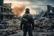War Concept. Military man in uniform of World War II against the background of destroyed buildings. A soldier standing amidst the ruins of a destroyed city after a nuclear explosion, AI Generated