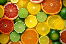 Citrus Kaleidoscope, A Dazzling Display Of Colorful Citrus Fruits Generative AI