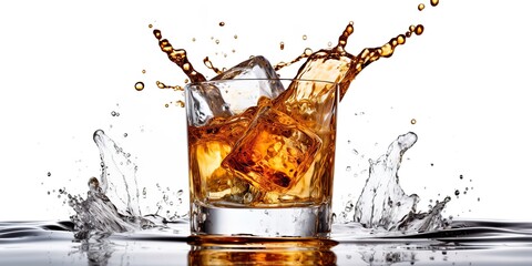 AI Generated. AI Generative. Glass of whiskey with ice cubes on plain background. Can be used for bar cocktail promotion. Gentleman drink. Graphic Art