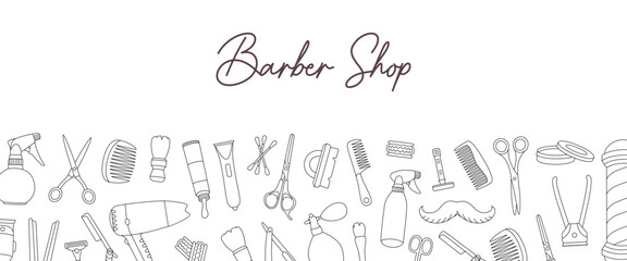 Wall Mural - Barber shop horizontal outline banner. Horizontal background for barber shop design. Razor blade, hair clipper, scissors, comb, dryer, spray bottle.