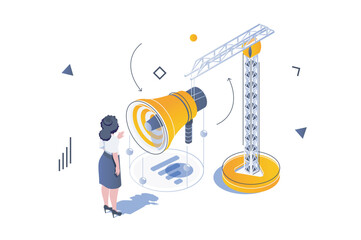 Wall Mural - business marketing concept in 3d isometric design. woman making advertising campaign with megaphone,