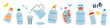 Different types of bottles. Drink more water. Plastic water bottles. Glasses, bottles, jug, jar, flask with clean water. Vector illustration.