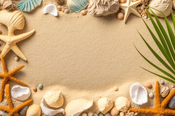Wall Mural - Sand with seashells. Background of a summer vacation at sea with writing space. View from the top. Generative AI