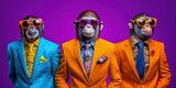 a group of anthropomorphized monkeys wearing colorful suits and sunglasses posing created with generative AI