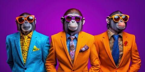a group of anthropomorphized monkeys wearing colorful suits and sunglasses posing created with gener