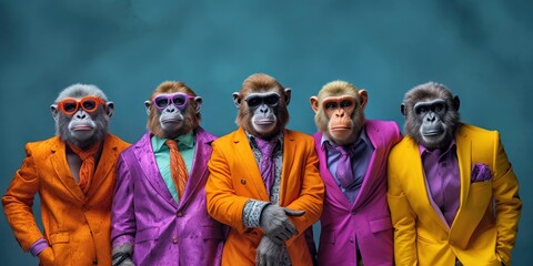 a group of anthropomorphized monkeys wearing colorful suits and sunglasses posing created with gener