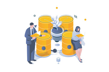 Poster - Eco lifestyle concept in 3d isometric design. Ecological fuel barrels storage station, biotechnology technology for alternative sources. Vector illustration with isometric people scene for web graphic