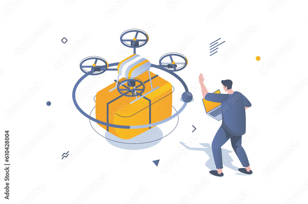 Food delivery concept in 3d isometric design. Man using flying drone ...