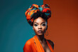 © staras - Young beauty stylish african american woman on blue-orange background, closeup portrait of black girl with beautiful makeup and hairstyle, AI Generated