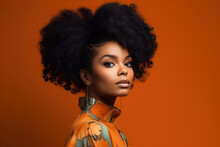 Young Beauty Stylish African American Woman On Orange Background, Closeup Portrait Of Black Girl With Beautiful Makeup And Hairstyle, AI Generated
