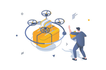 Wall Mural - Food delivery concept in 3d isometric design. Man using flying drone for express shipping of meal box from ordering restaurant menu. Vector illustration with isometric people scene for web graphic