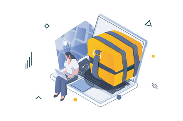 Aufkleber - Food delivery concept in 3d isometric design. Woman ordering meal box from restaurant menu and tracks package using map at laptop. Vector illustration with isometric people scene for web graphic