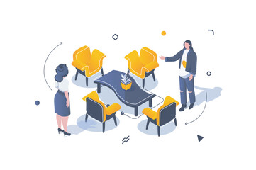 Poster - Home interior concept in 3d isometric design. Women stand by armchairs and table with plant. Furnishing and decoration in living room. Vector illustration with isometric people scene for web graphic