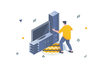 Poster - Home interior concept in 3d isometric design. Man stand by tv stand with cabinet or bookshelf. Furnishing and decoration in living room. Vector illustration with isometric people scene for web graphic