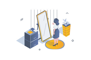 Poster - Home interior concept in 3d isometric design. Woman stand by mirror near cabinet in wardrobe. Furnishing and decoration in living room. Vector illustration with isometric people scene for web graphic