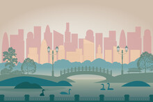Park Landscape With Trees, Bench,  Bridge, Street Lights, Lake And City Buildings On Background. Vector Illustration.