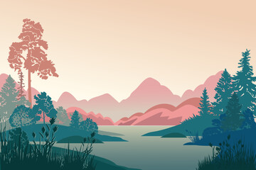 Wall Mural - Forest landscape with trees, lake, mountains, sunrise, vector illustration.