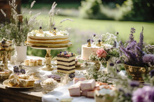 Dessert Buffet Table, Food Catering For Wedding, Party Holiday Celebration, Lavender Decor, Cakes And Desserts In A Country Garden, Generative Ai