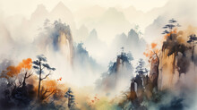 Watercolor Landscape Of Mountains In China. Created Using Generative AI Technology.