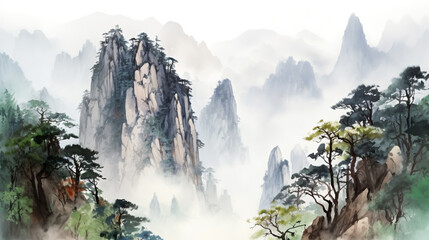 Watercolor landscape of mountains in China. Created using Generative AI technology.