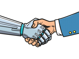 Modern android and human handshake. Artificial intelligence and human cooperation. Vector illustration isolated on white background