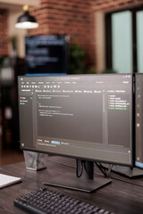Wall Mural - computer monitors showing source code in empty it company office, security system compiling data alg