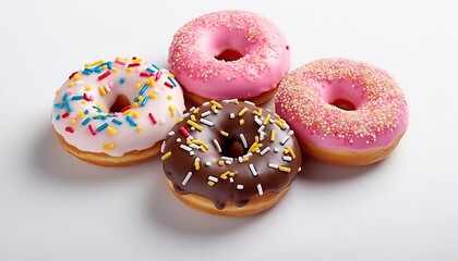 Set of 4 beautiful appetizing multi colored donuts with a beautiful confectionery decor, on white background. Isolated design element, top view, flat lay