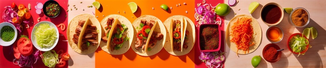 Mexican tortilla, products flatlay, pita stuffing, meat and vegetables, banner with place for text. Concept: Quick bite, fast food dish. Generative AI