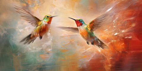 2 emerald hummingbirds sitting on a branch with flowers in a soulmate couple in love concept. Generative Ai.